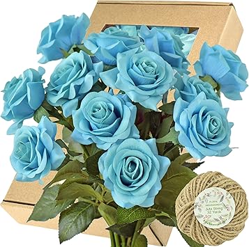 Amazon Com Fiveseasonstuff 絲綢玫瑰人造花用於裝飾家居裝飾餐桌婚禮新娘花束真實觸感玫瑰12 支 綠松石色 居家與廚房
