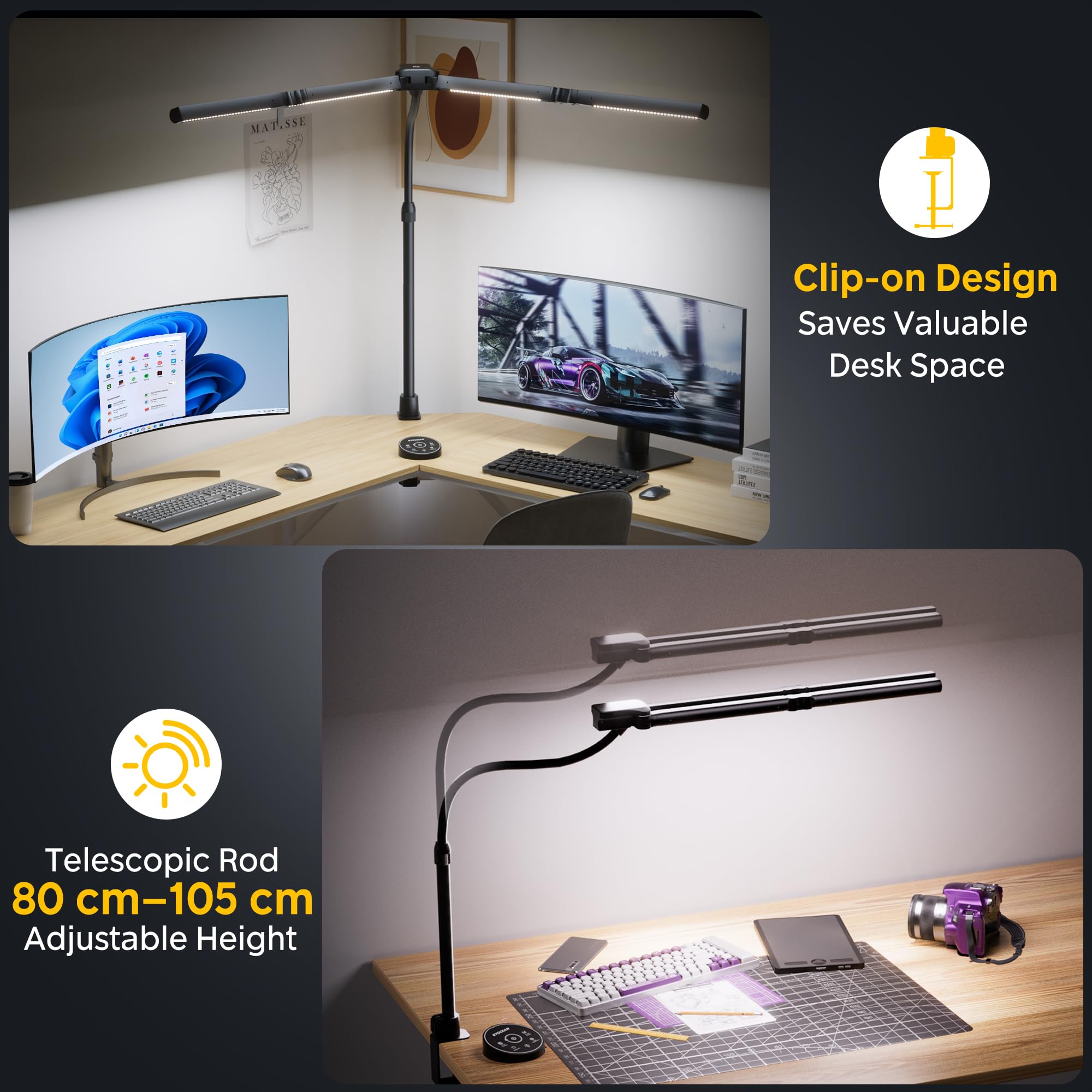 EYOCEAN Schreibtischlampe, 4 Lichtquellen, Teleskopstange mit Einstellbarer Höhe, 24W 100cm Tageslichtlampe Schreibtisch mit Fernbedienung, Dimmbare Monitor Lampe, Schwanenhals Büro Tischlampe