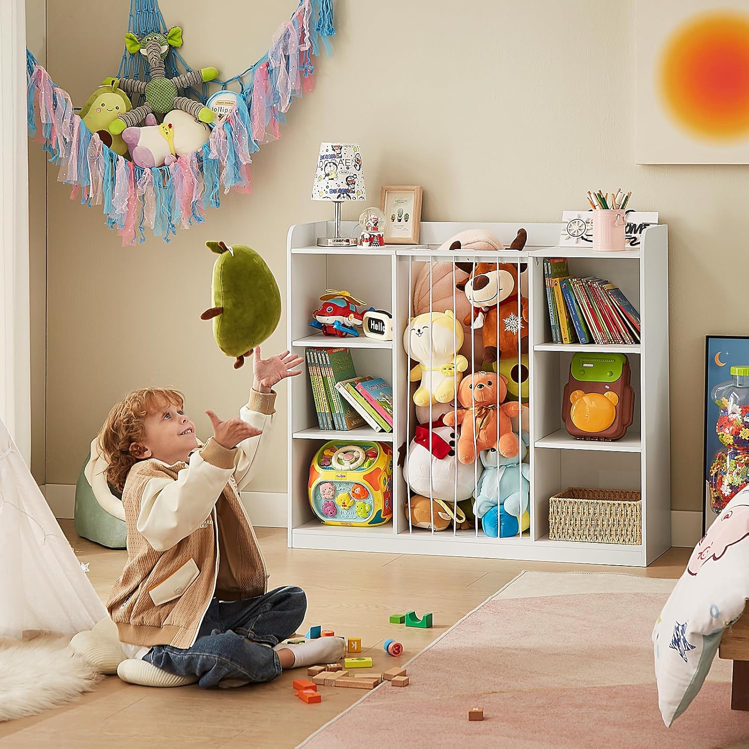 Toddler Stuffed Animal Zoo, Toy Storage Organizer for Playroom, Plush Toy Organizers and Storage, Book Shelf for Kids Rooms, Elastic Band Child Bookcase, Toy Shelf with 8 Storage Cubbies (White)