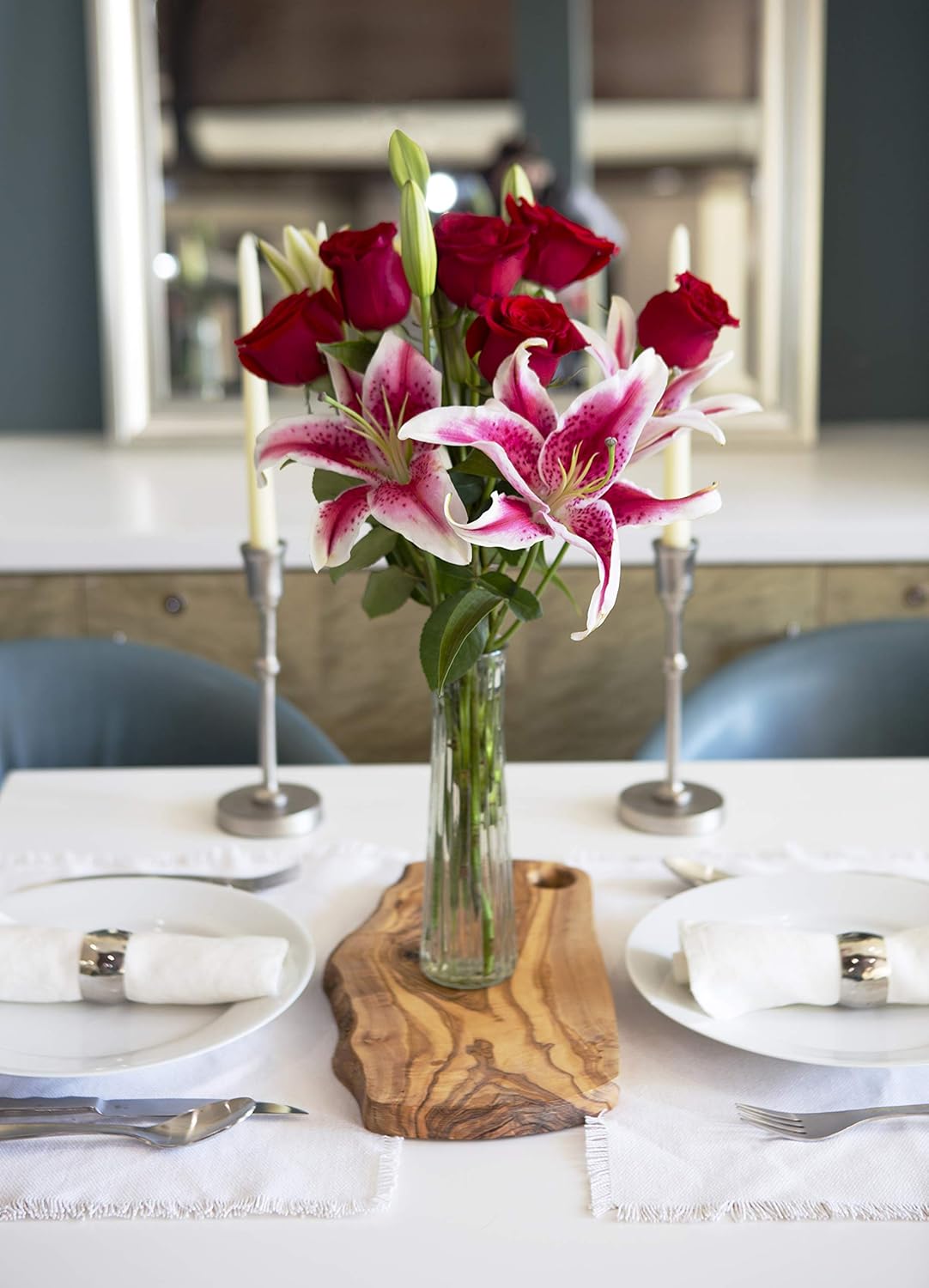 KaBloom - Adore Her Mixed Bouquet of Farm-Fresh Red Roses and Pink Lilies with Vase - Fresh Flowers for Birthday, Valentine's & Mother's Day