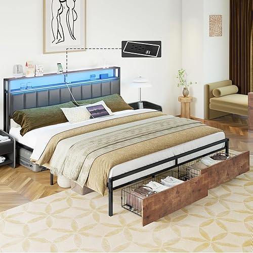Miniatura 4 de amerlife Base de cama LED con cajones, base de cama King con plataforma de almacenamiento de 2 niveles y cabecera tapizada de cuero y estación de