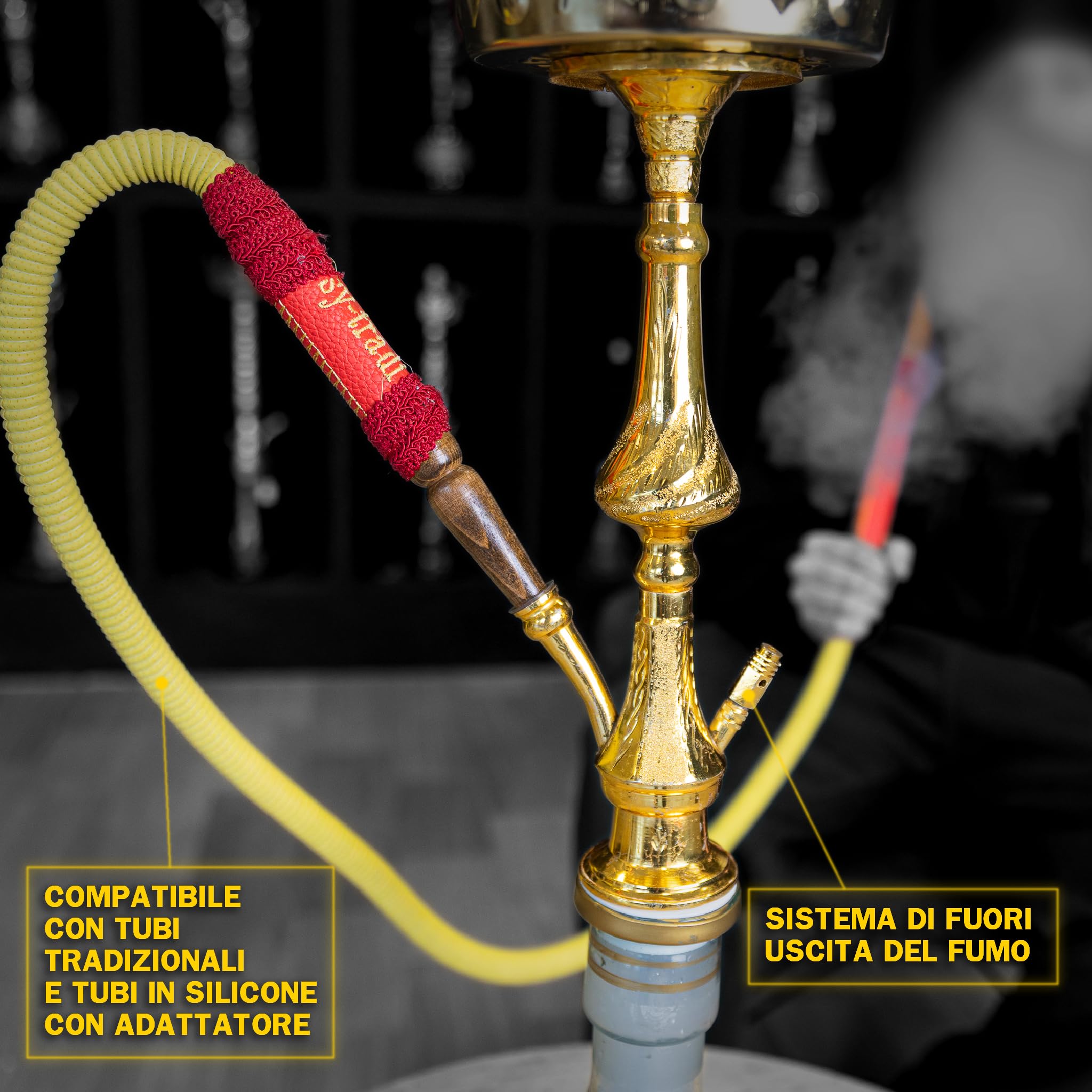 Shisha Tradicional Narmer 70 cm | Cachimba Artesanal con Tubo de Cuero, Cabezal de Terracota, Gestor de Calor y Porta Carbón Dorado Incluido