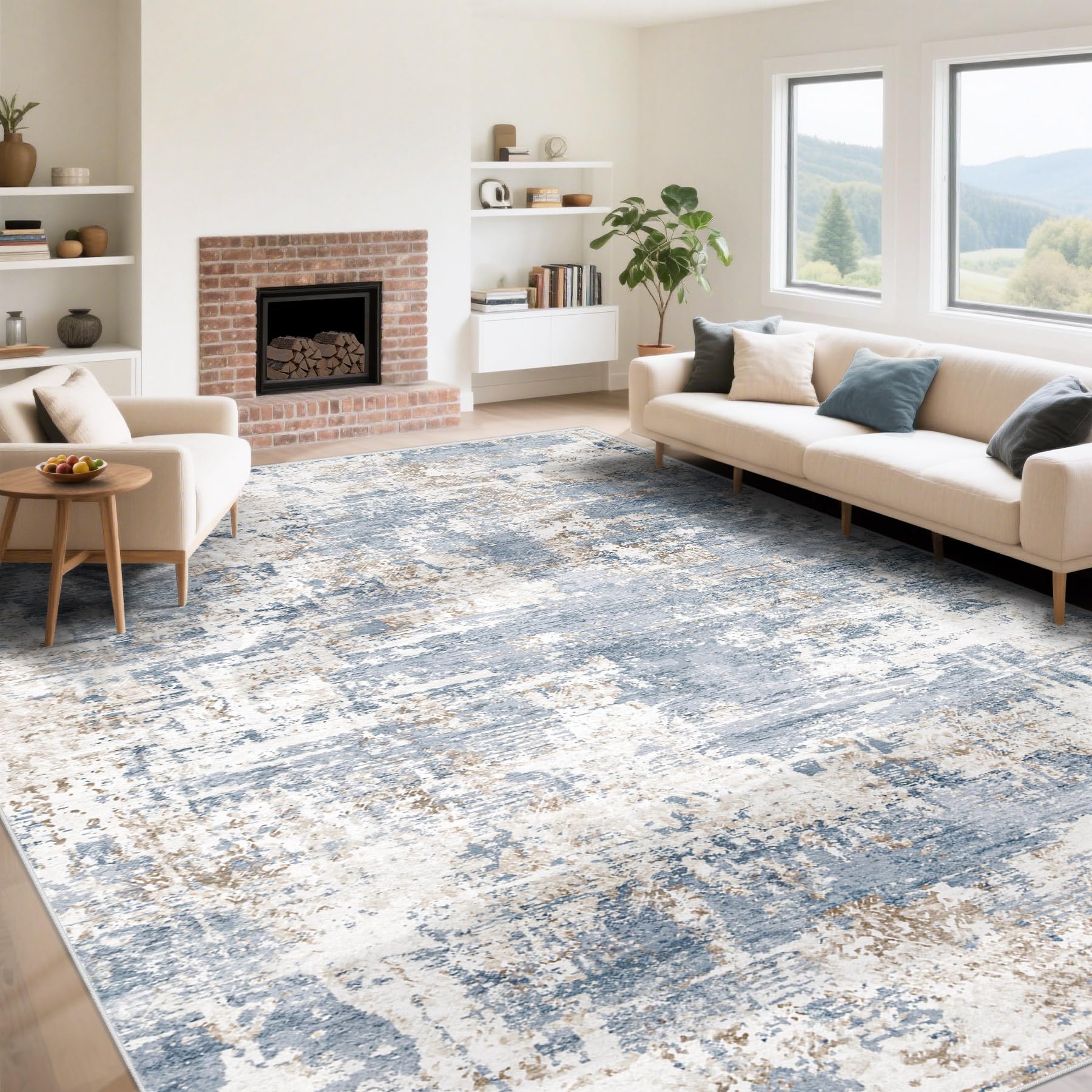 9x12 Area Rug for Living Room, Washable Modern Abstract Large Area Rug Neutral Soft Non Slip Kids Rug Stain Resistant Indoor Carpet for Bedroom Nursery Dining Room Playroom Home Office(Blue, 9'x12')