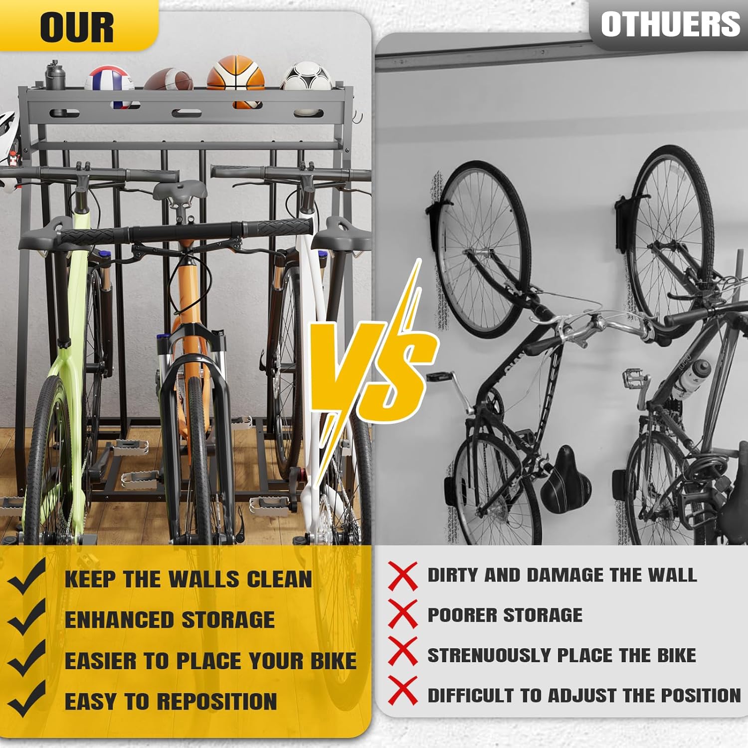 3 Bike Stand Steady Bike Rack Garage with Baskets Storage Indoor Bike Storage Rack Metal Floor Bicycle Station for Parking Suitable for Mountain, Hybrid, Adult and Kids Bikes