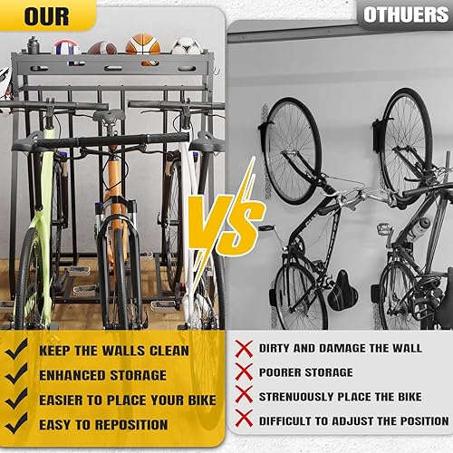 Miniatura 6 de Soporte de 3 bicicletas estable para bicicletas, garaje con cestas de almacenamiento para interiores, estante de almacenamiento de bicicletas para