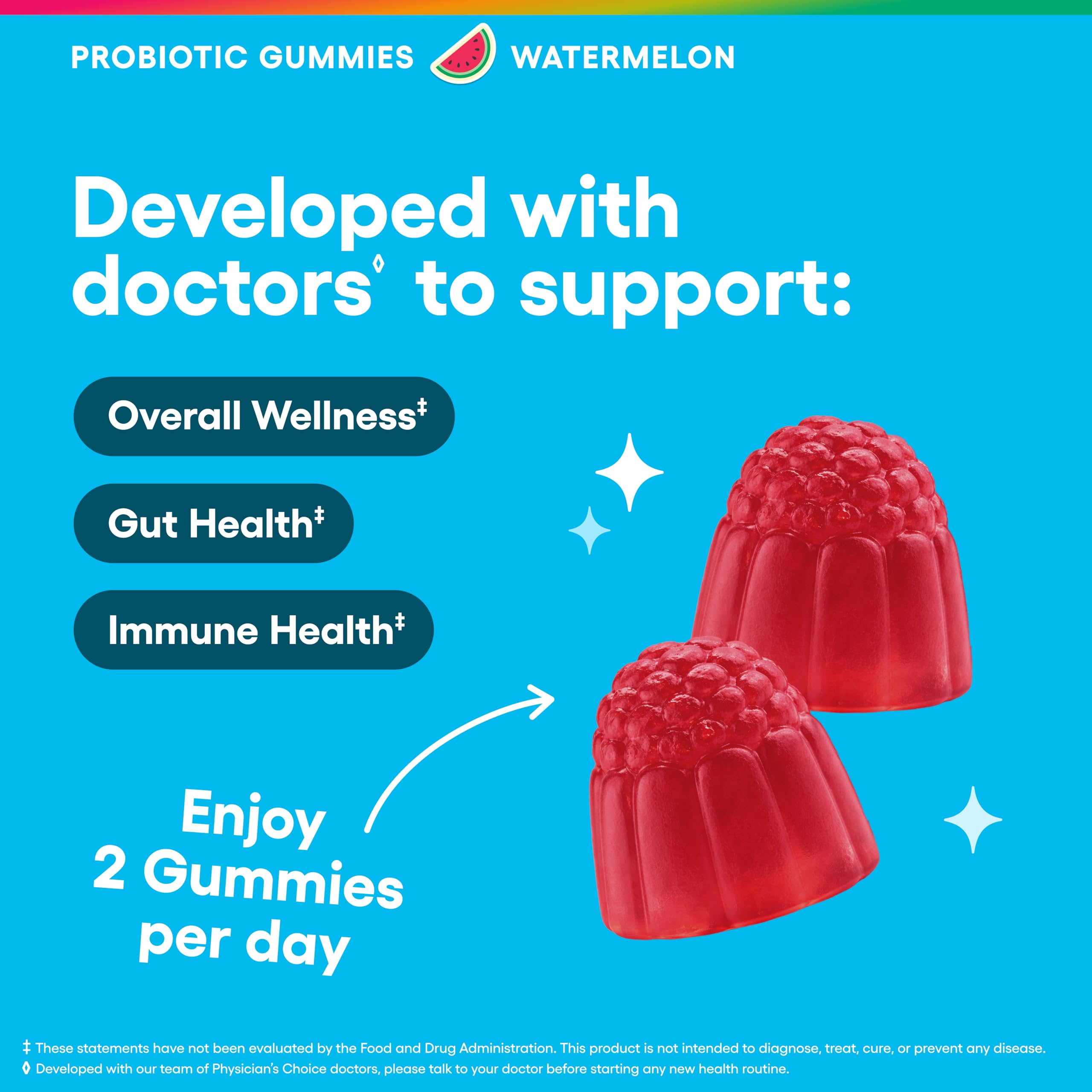 Physician's CHOICE Probiotic Gummies with Vitamin D & Prebiotic Fiber - Sugar Free - 1B CFUs of Clinically Studied Probiotic - Supports Immune & Gut Health for Women & Men - Watermelon Flavor - 60CT — Amazon image 3