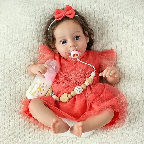 Miniatura 9 de SCOM Muñeca Reborn de bebé de 20 pulgadas, recién nacida realista con cuerpo de tela suave y extremidades de vinilo, pelo enraizado a mano, chupete