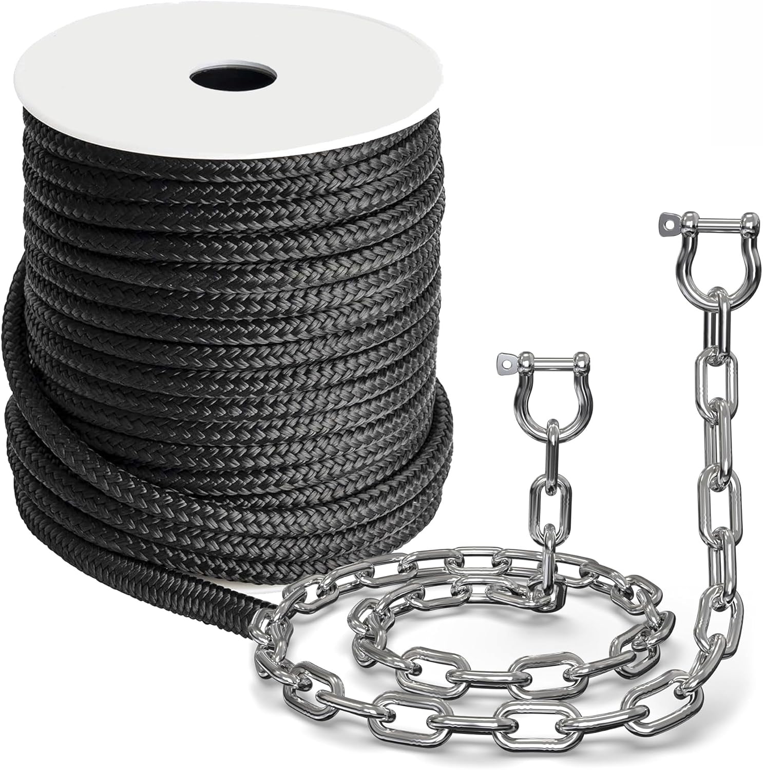 Boat Anchor Rope 3/8" x 100' Premium Solid Double Braided Nylon Anchor Line,with 1/4" x 4' Stainless Steel Anchor Chain,with Thimble & Shackle (White)