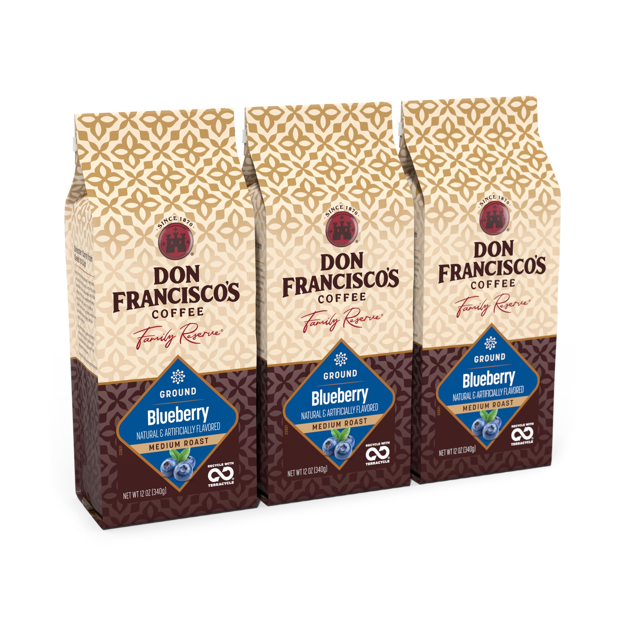 Don Francisco's Café tostado con sabor a arándano, café molido reciclable, 3 bolsas de 340 ml