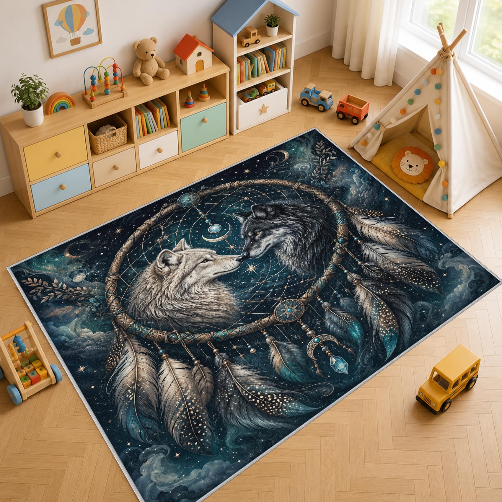 Generisch Wolf Traumfänger Teppich Waschbar rutschfest 80x150cm | Blau Galaxie Teppiche, Weich Kurzflor Teppich für Wohnzimmer Schlafzimmer Bettvorleger Küche, tV674