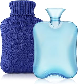 FUDDE Premium Rubber Hot Water Bottle for Warming Hands, Pain Relief, Hot and Cold Therapy 2L, Knit Cover (Blue)