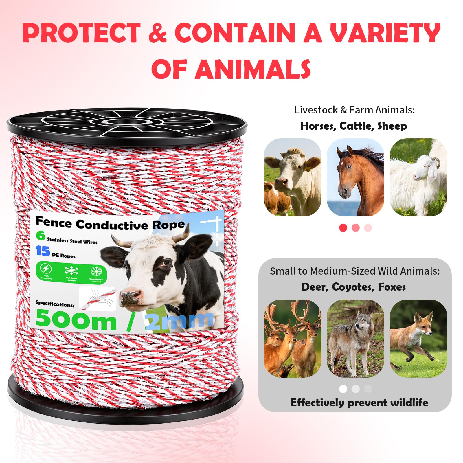 Corda per Recinzione 500 m, 2 mm 6 Trefoli Acciaio Inossidabile, Corda Resistente, Alta Conduttività Cavo per Recinzione per Cani, Cavalli, Bovini, Pecore (Bianco-Rosso)
