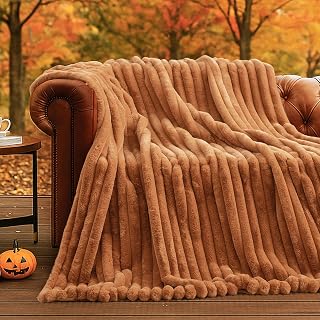 Amélie Home Faux Fur Throw Blanket for Couch, Cozy Fuzzy Fluffy Fur Luxurious Soft Striped Plush Gift Blankets for Family Sofa Chair Bedroom, 55"x70", Orange Brown