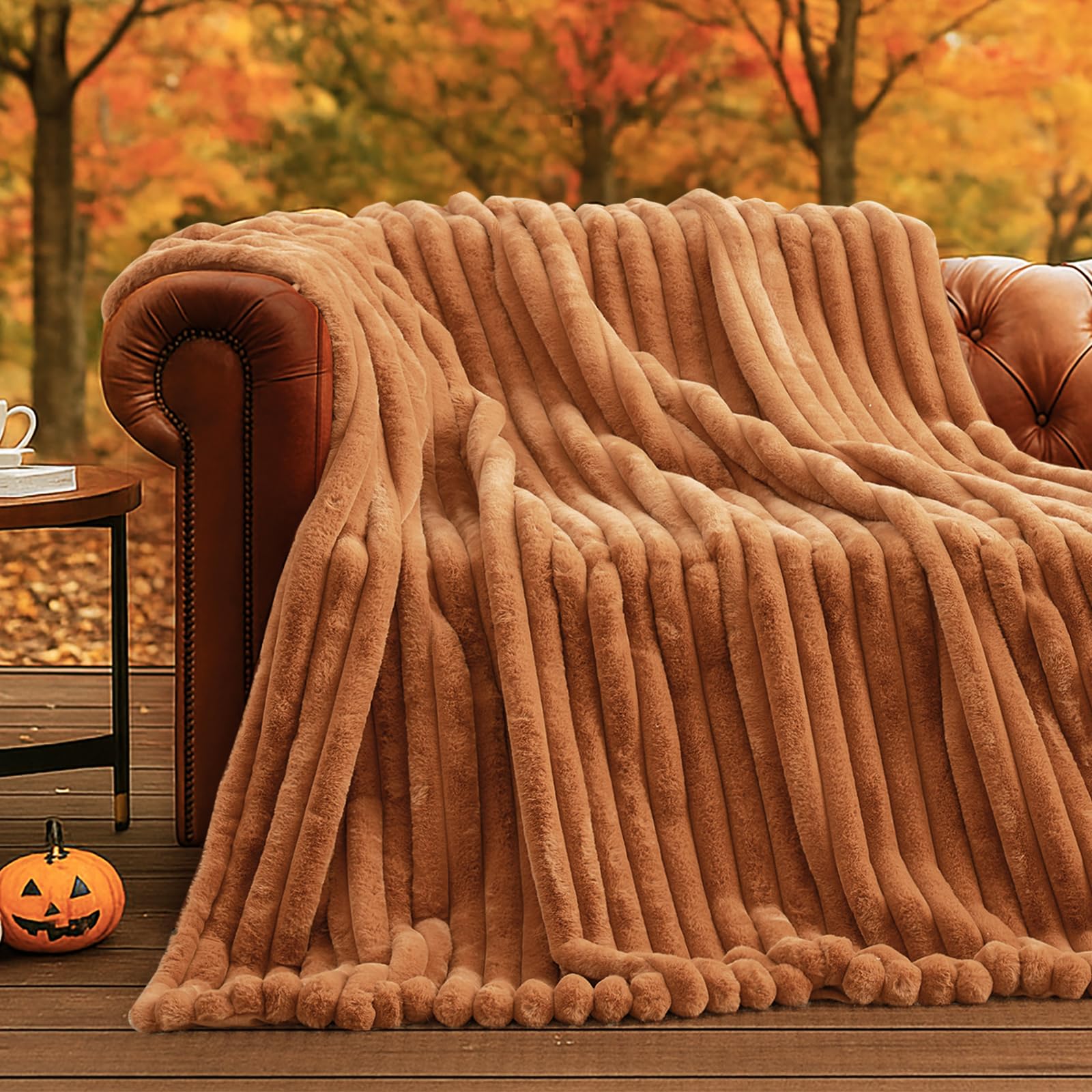 Faux Fur Throw Blanket for Couch, Cozy Fuzzy Fluffy Fur Luxurious Soft Striped Plush Gift Blankets for Family Sofa Chair Bedroom, 55"x70", Orange Brown
