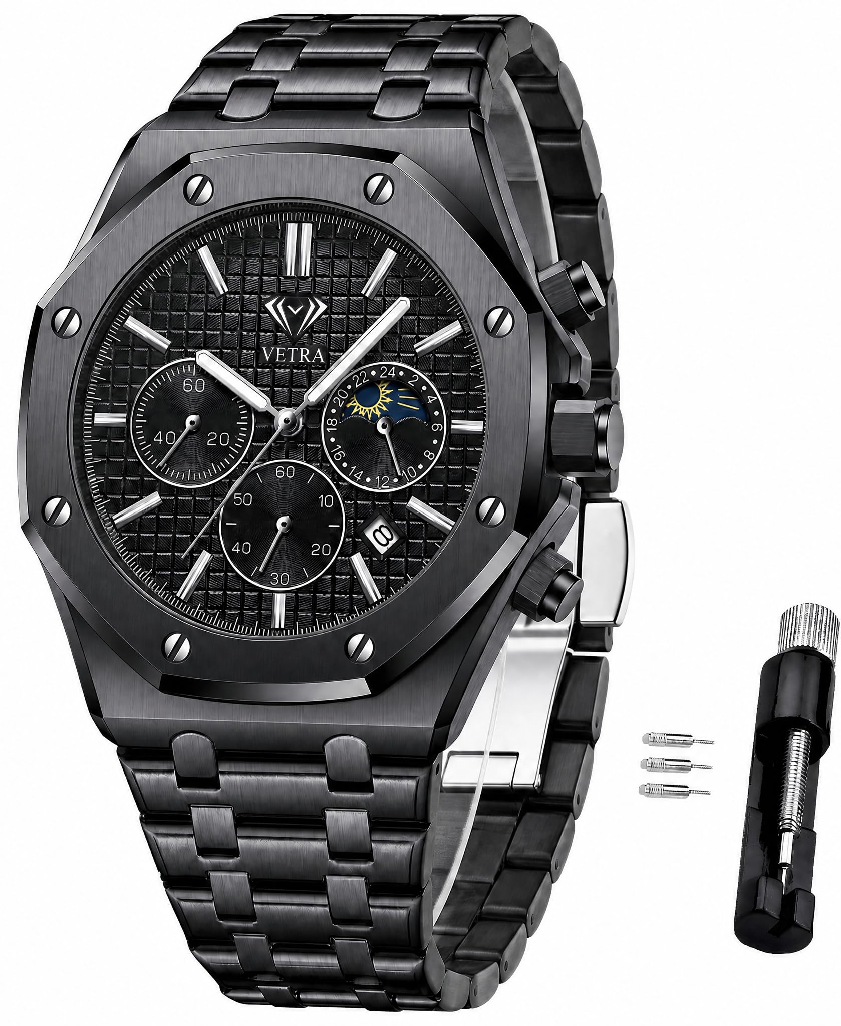 Vetra Orologi da uomo ottagonali di lusso multifunzione orologi per uomo analogico fasi lunari quadrante nero in acciaio inossidabile luminoso 30 m impermeabile data regalo per uomo Relojes para