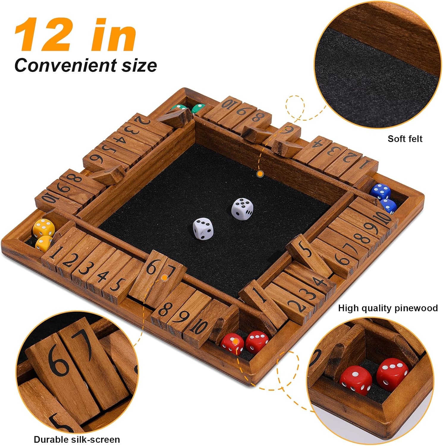 Shut The Box Game Wooden for 1-4 Players?Educational & Fun Wooden Board Game with 10 Dice and Shut-The-Box Instructions for Kids & Family, Pub Dice Game for Adults. (12 Inches)