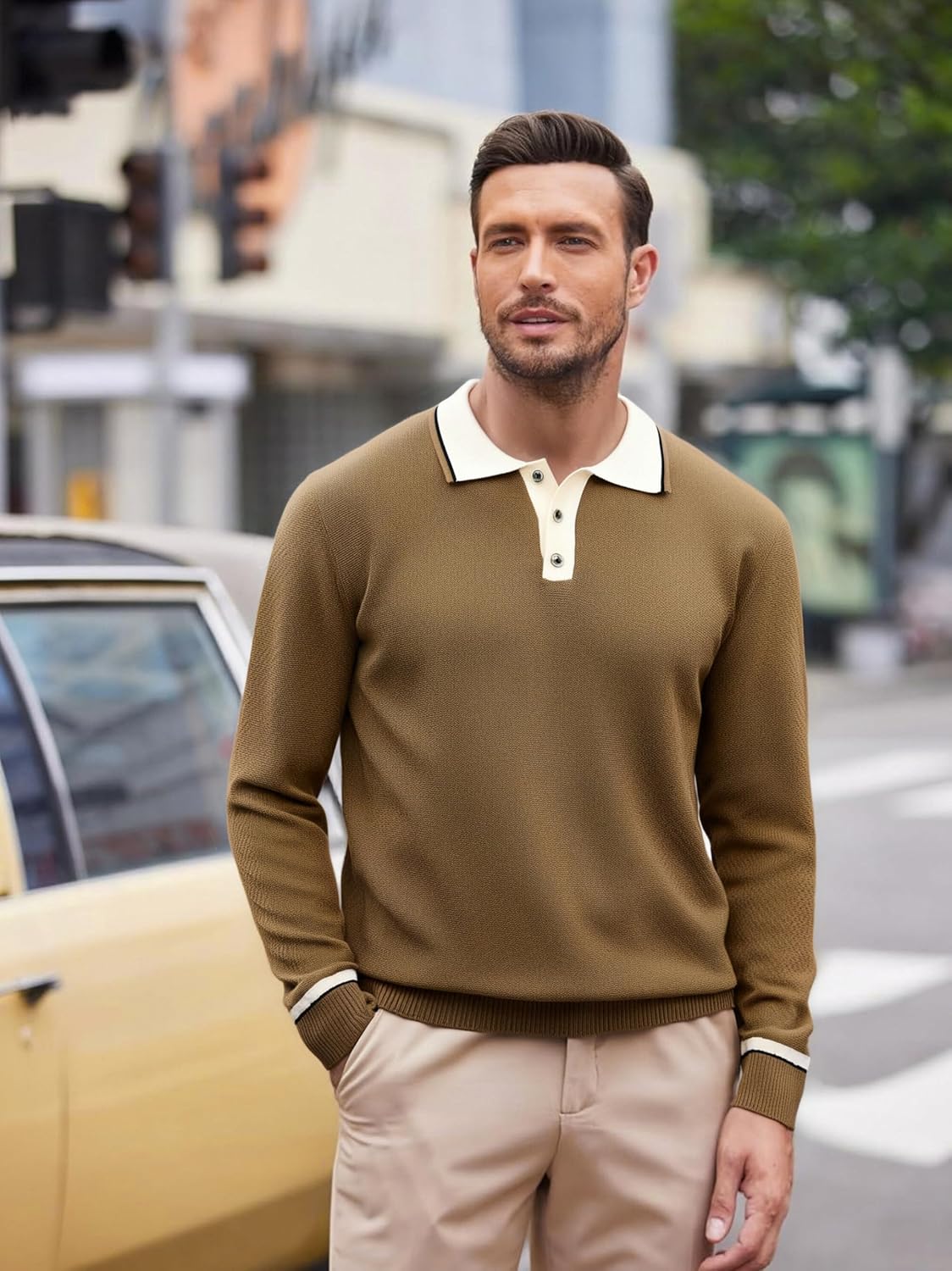 Alex Vando Mens Knit Polo Shirts Long Sleeve Sweater Casual Fashion Classic Button Down Polo Shirts - Image 2