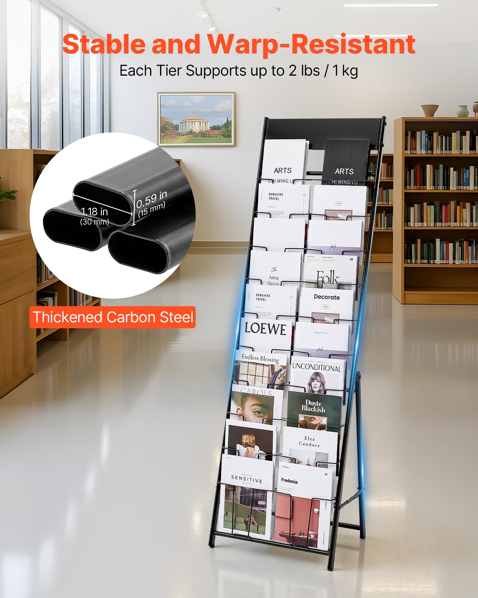VEVOR Expositor de Revistas 20 Compartimentos, Soporte para Folletos, Revistero Metálico de Pie para Periódicos, Literatura, para Tiendas, Exposiciones, Oficinas, Bibliotecas, 49 x 33,3 x 154,5 cm
