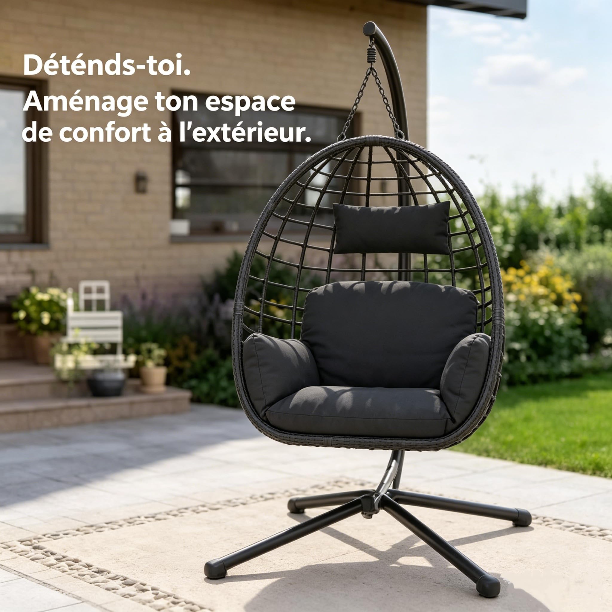 Fauteuil Suspendu Extérieur avec Support, Coussin Épais，Charge 150kg-Gris