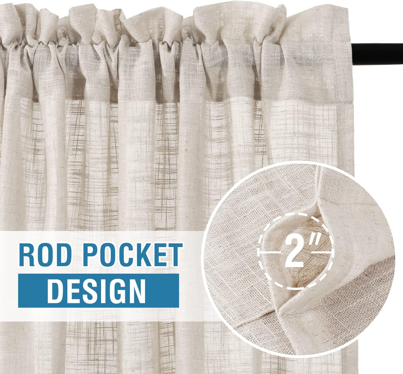 H.VERSAILTEX Linen Curtains - 63 Inch Long Natural Linen Blended Textured Light Filtering Rod Pocket Curtains for Living Room & Bedroom, 2 Panel Sets