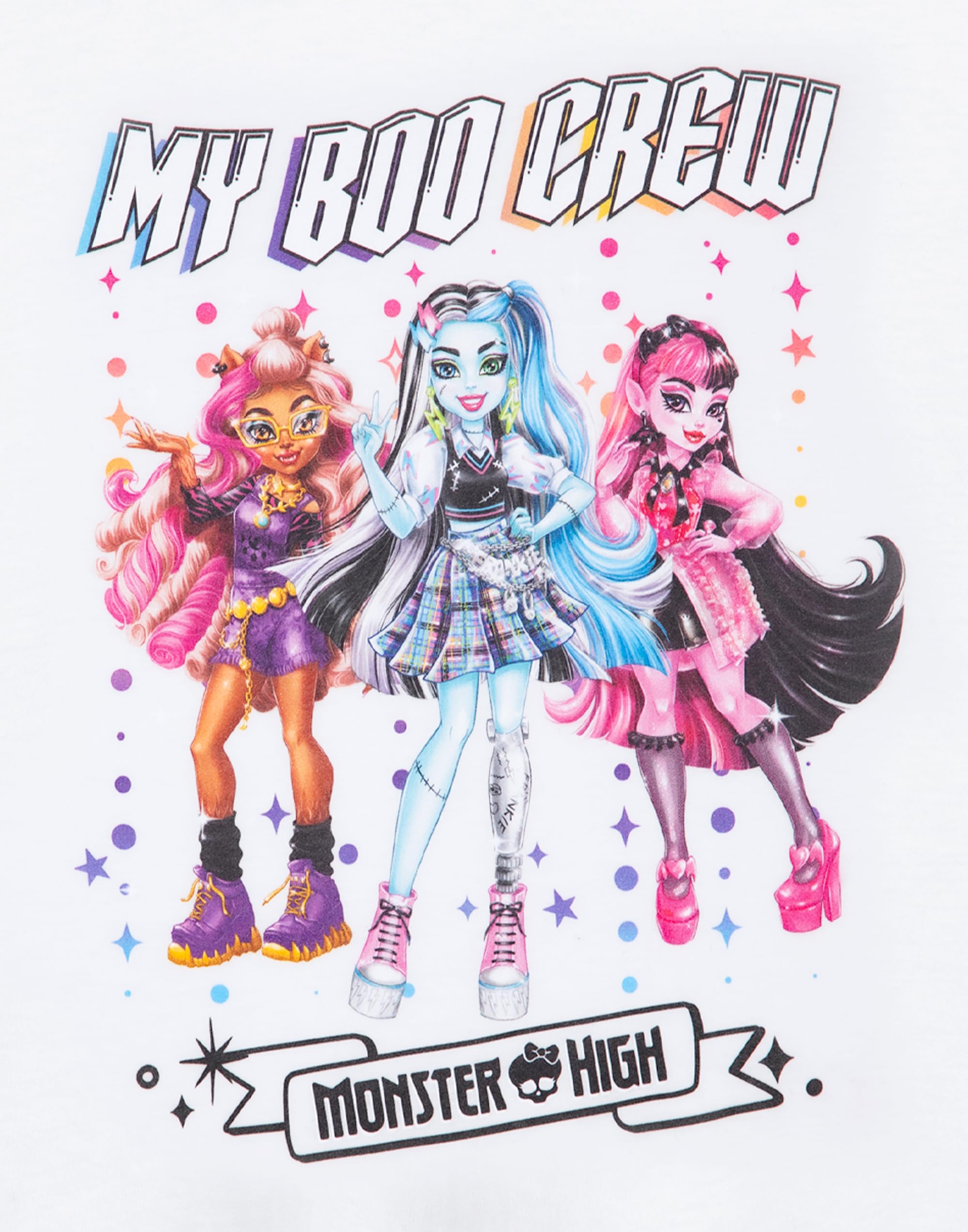 Monster High Maglietta da ragazza | Maglietta a maniche corte per bambini My Boo Crew in bianco | Draculaura Frankie Stein Clawdeen Wolf TV Show Apparel Top | Moda Cartoon Series Merchandise Gift
