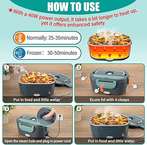 Miniatura 6 de Fiambrera eléctrica para adultos, 1.5L de gran capacidad de calefacción Bento, lonchera portátil para oficina, coche y camión