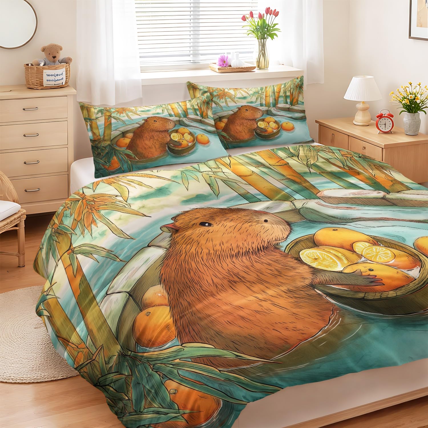 Generisch 3-częściowy komplet pościeli 220 x 240 cm, zwierzęta, śliczne pomarańczowe rośliny Capybara dla dzieci, zielona, kreskówka, miękka poszewka z mikrofibry z zamkiem błyskawicznym, przyjazna