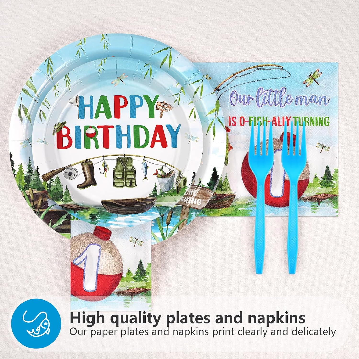 Grencian 96 Pcs Ofishally One Birthday Decorations Gone Fishing 1st Party Plates and Napkins Tableware Set O Fishally One First Birthday Decorations for Boys Little Fisherman 1st Baby Shower Serves 24
