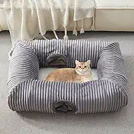 Cat Tunnel Bed for Indoor Cats, Large Cat Tube & Dog Tunnel Bed with Washable Cushion, Square Luxury Velvet Peekaboo Cat Cave & Cat Donut for Kitten/Puppies/Rabbits, Grey XL 39"x30"x11"