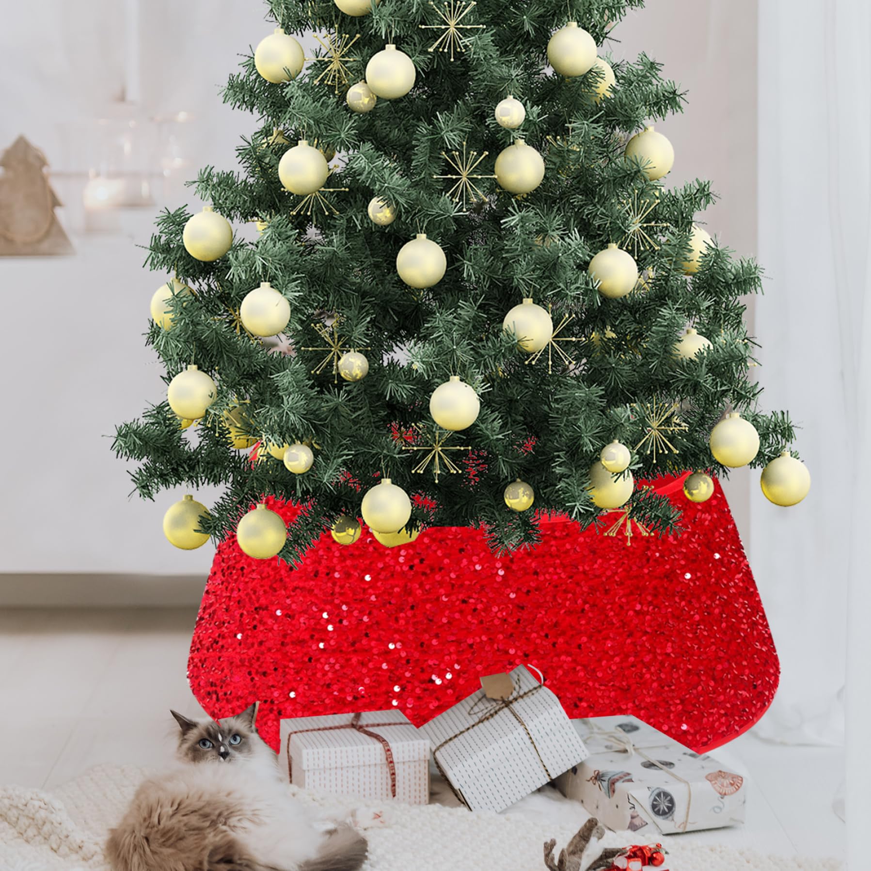 Gonna/collare Per Albero Di Natale In Peluche Rosso Con Fiocchi, 40x60x20 Cm, Pieghevole, Antiscivolo, Decorazione Base