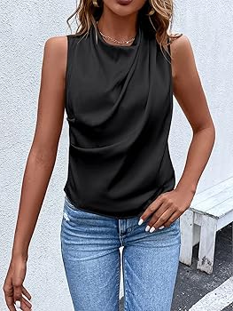 SOLY HUX Women's Sleeveless Satin Blouses Solid Draped Round Neck