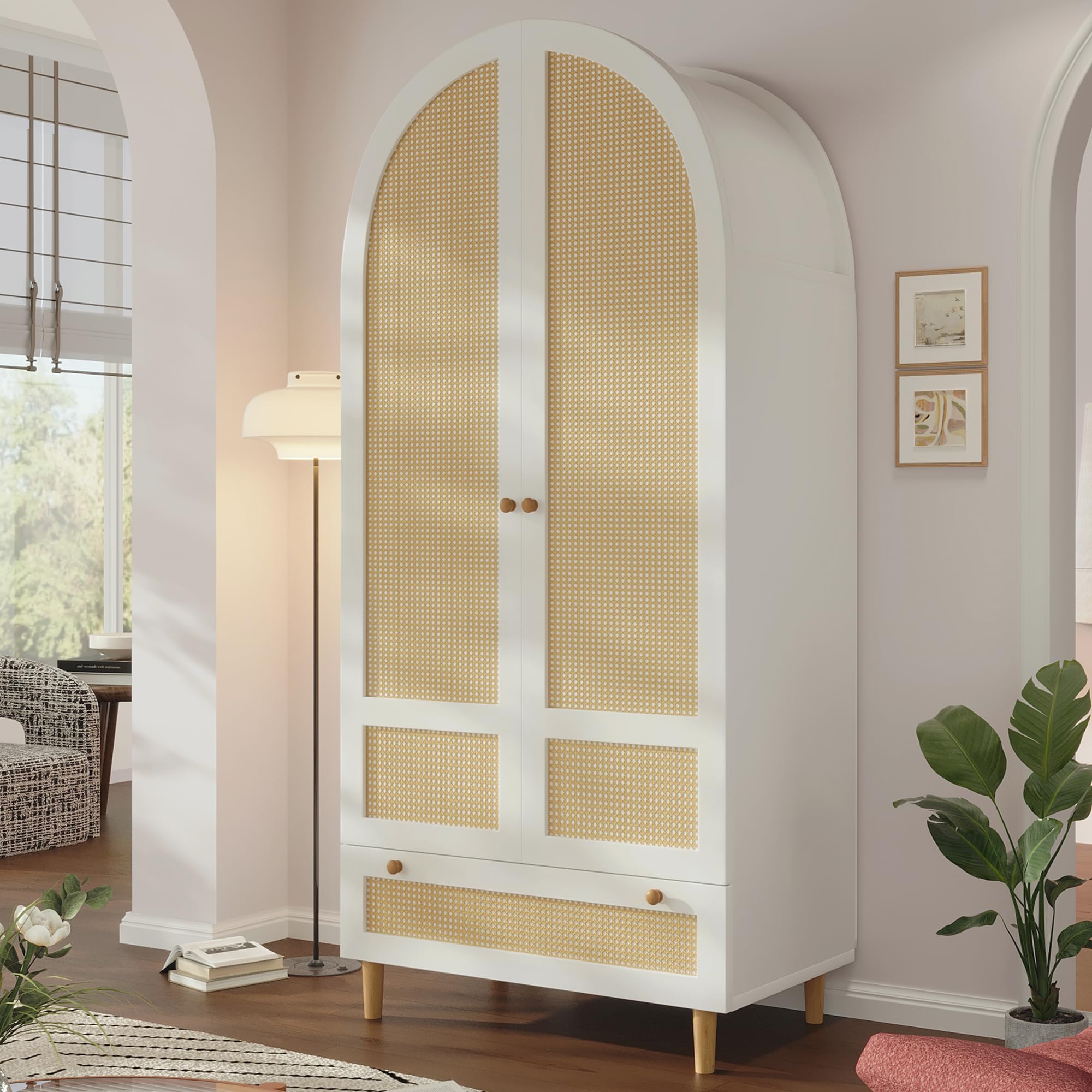 Soweiz Kleiderschrank aus Holz in Rattan-Optik, Schrank in Weiß mit Bogen-Design, Wäscheschrank mit Kleiderstange und Schublade, 80x50x180 cm