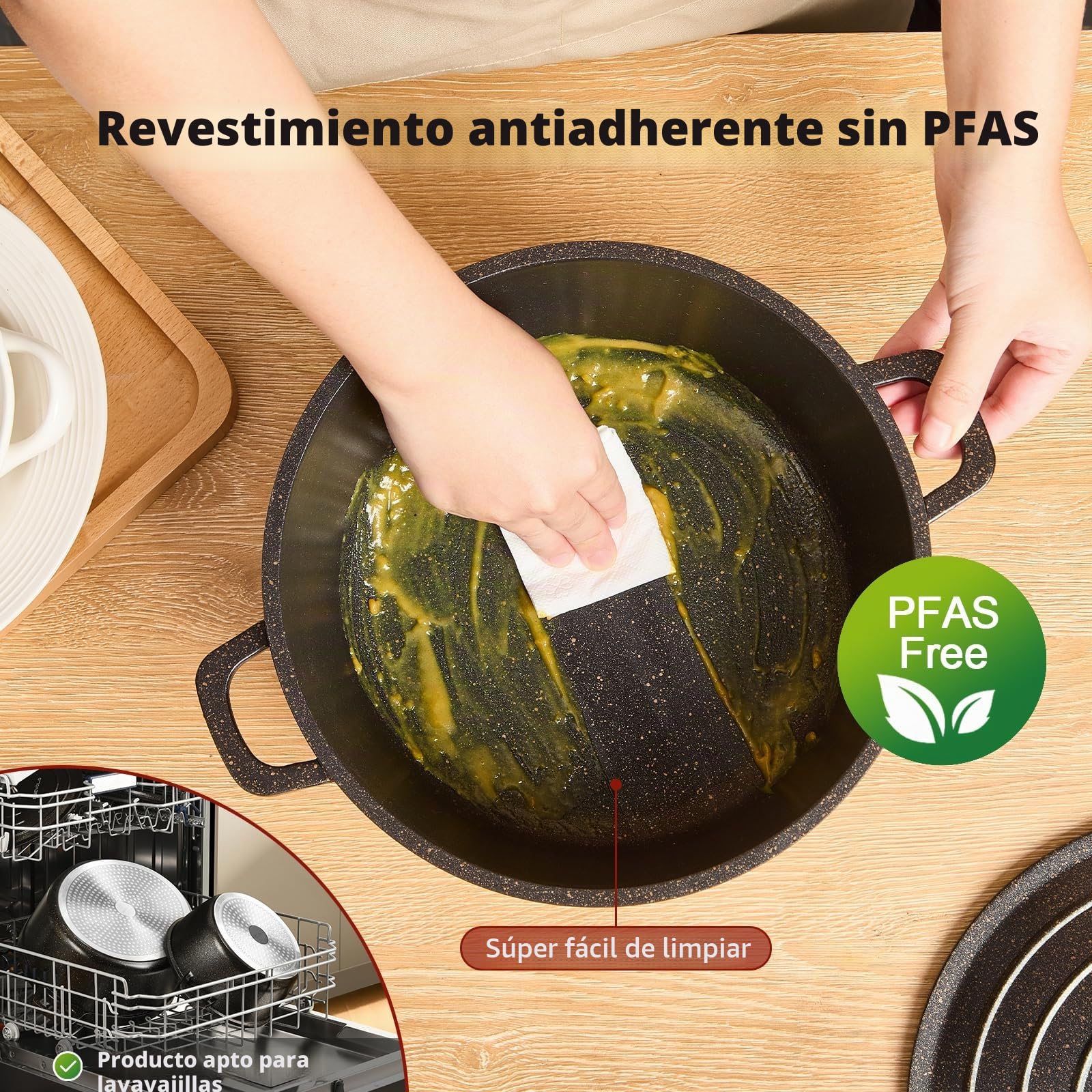 Olla de hierro fundido (24 cm), diseño redondo de aluminio fundido con revestimiento antiadherente, olla con tapa, ideal para sopa, estofados, pan, horno y gas, color negro