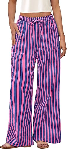 PRETTYGARDEN Women's Wide Leg Lounge Pants 2025 Summer Drawstring Elastic Waist Comfy Striped Pajama Bottoms Trendy Clothes