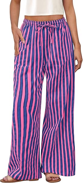 PRETTYGARDEN Women's Wide Leg Lounge Pants 2025 Summer Drawstring Elastic Waist Comfy Striped Pajama Bottoms Trendy Clothes