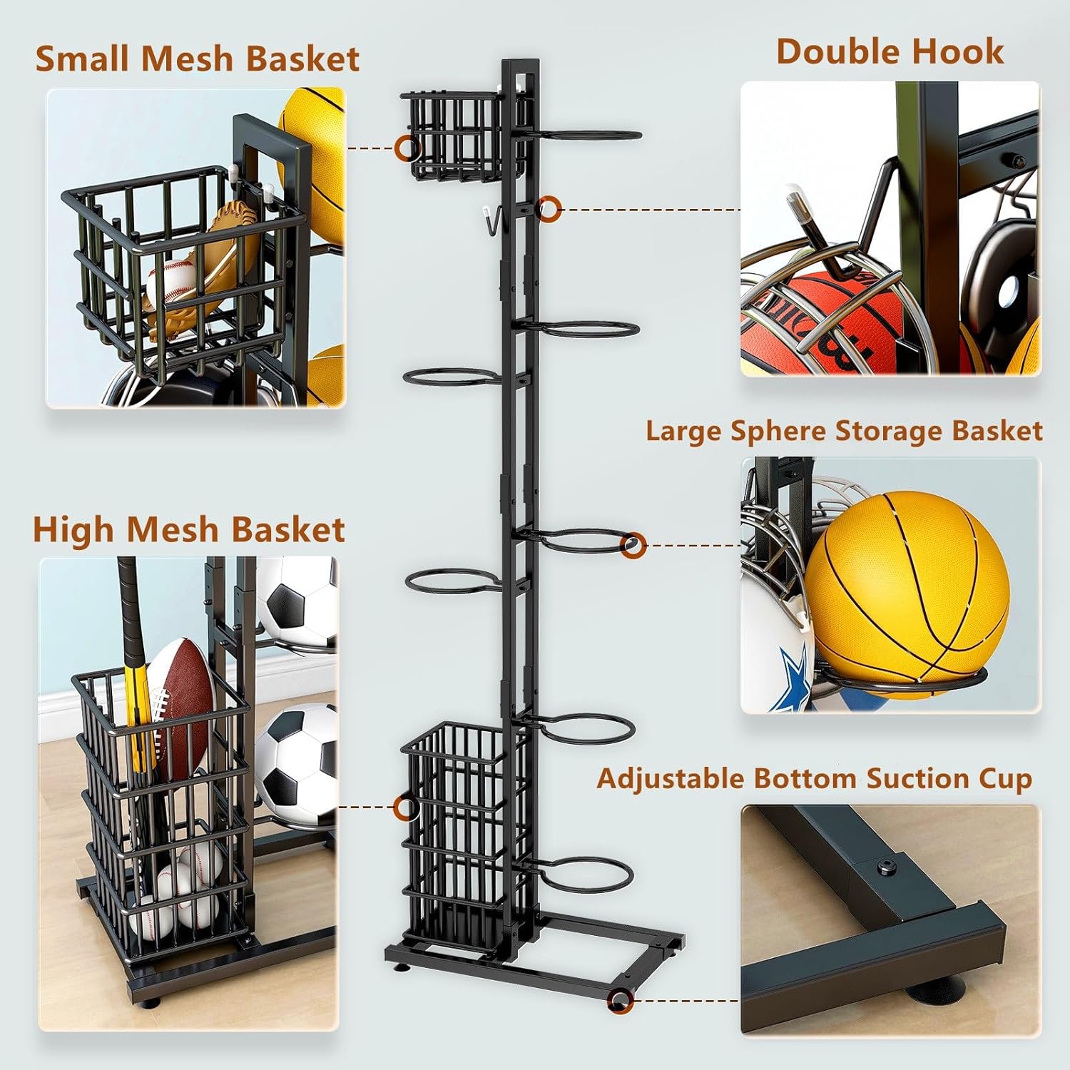 Garage Sports Equipment Organizer, Vertical Ball Rack with Baskets and Hooks, Basketball Rack Soccer Ball Holder, Indoor/Outdoor Toys Storage Organizer Bins, Sports Ball Organizer