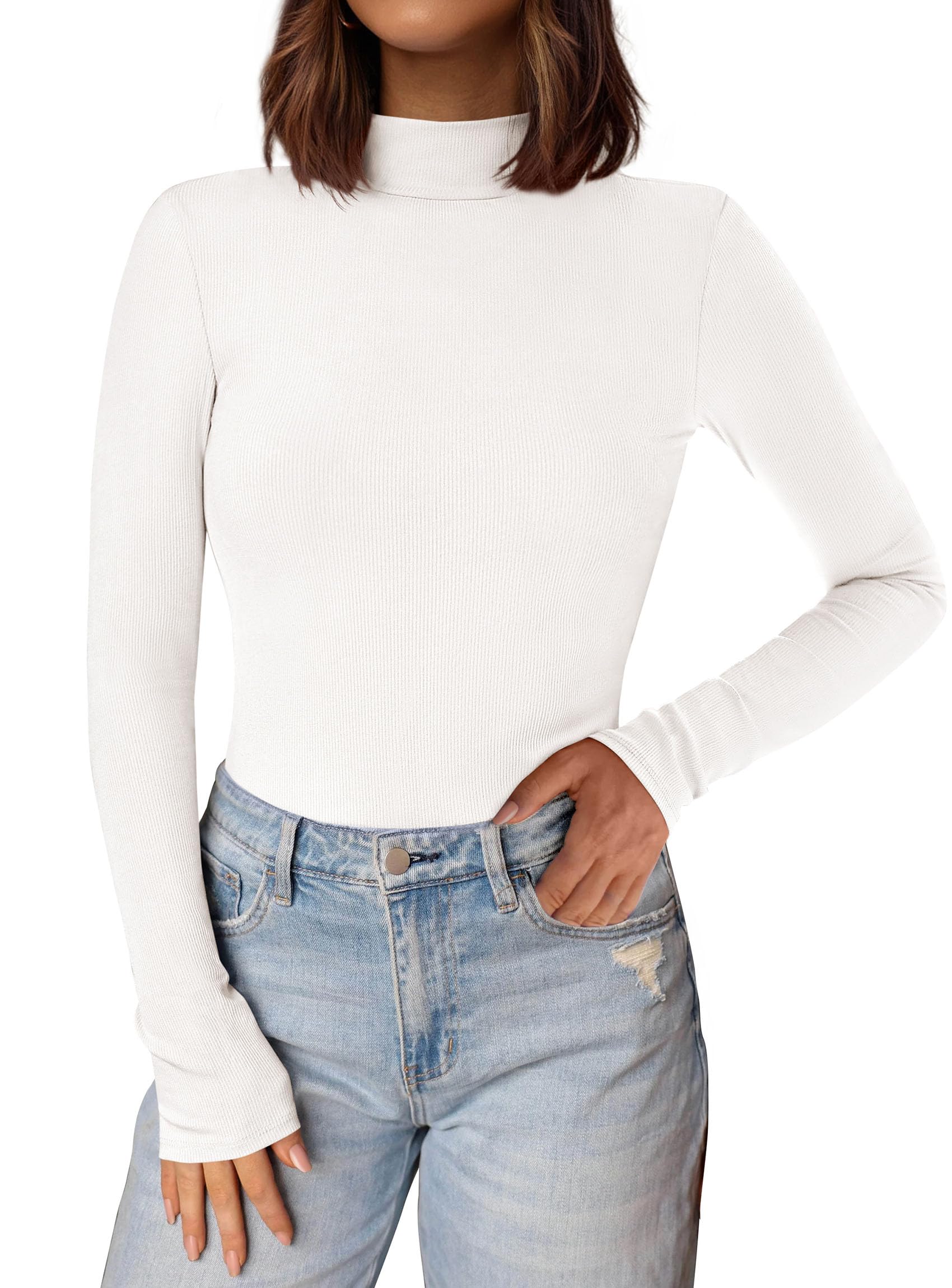 PRETTYGARDEN Womens Turtleneck Long Sleeve Shirts 2025 Fall Basic Tees Ribbed Fitted Tops Thermal Layering Knit Top Clothes