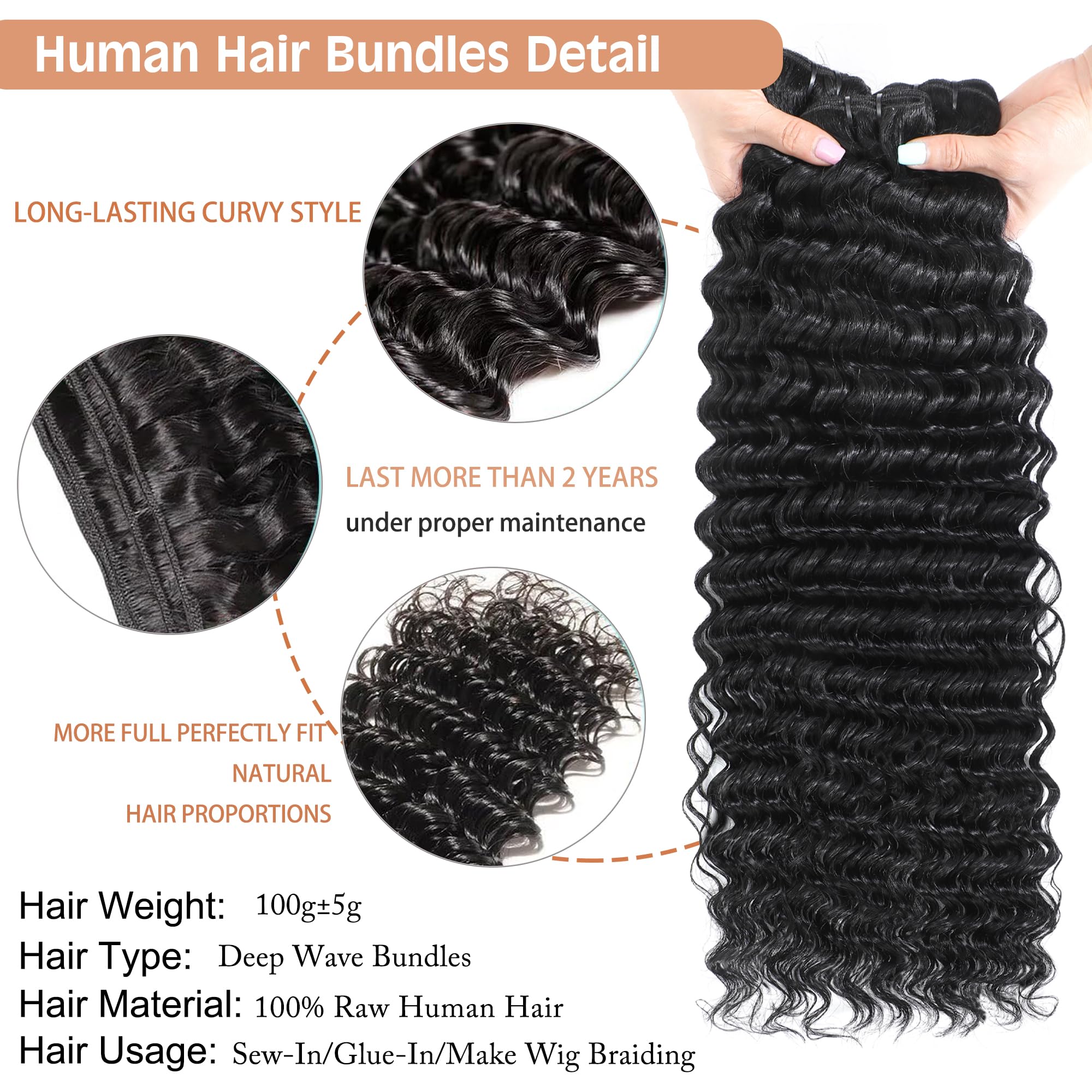 Roserer 12A Human Hair Bundles Deep Wave Bundles Human Hair 12 14 16 Inch 100% Brazilian Virgin 3 Curly Weave Bundles Human Hair 295-300g Natural Color - Image 2