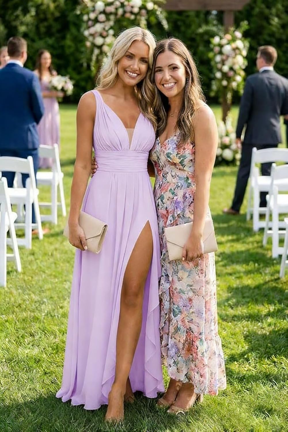 Chiffon Bridesmaid Dresses for Women V Neck Long Pleated Ruffle A-line Formal Evening Party Gowns with Slit