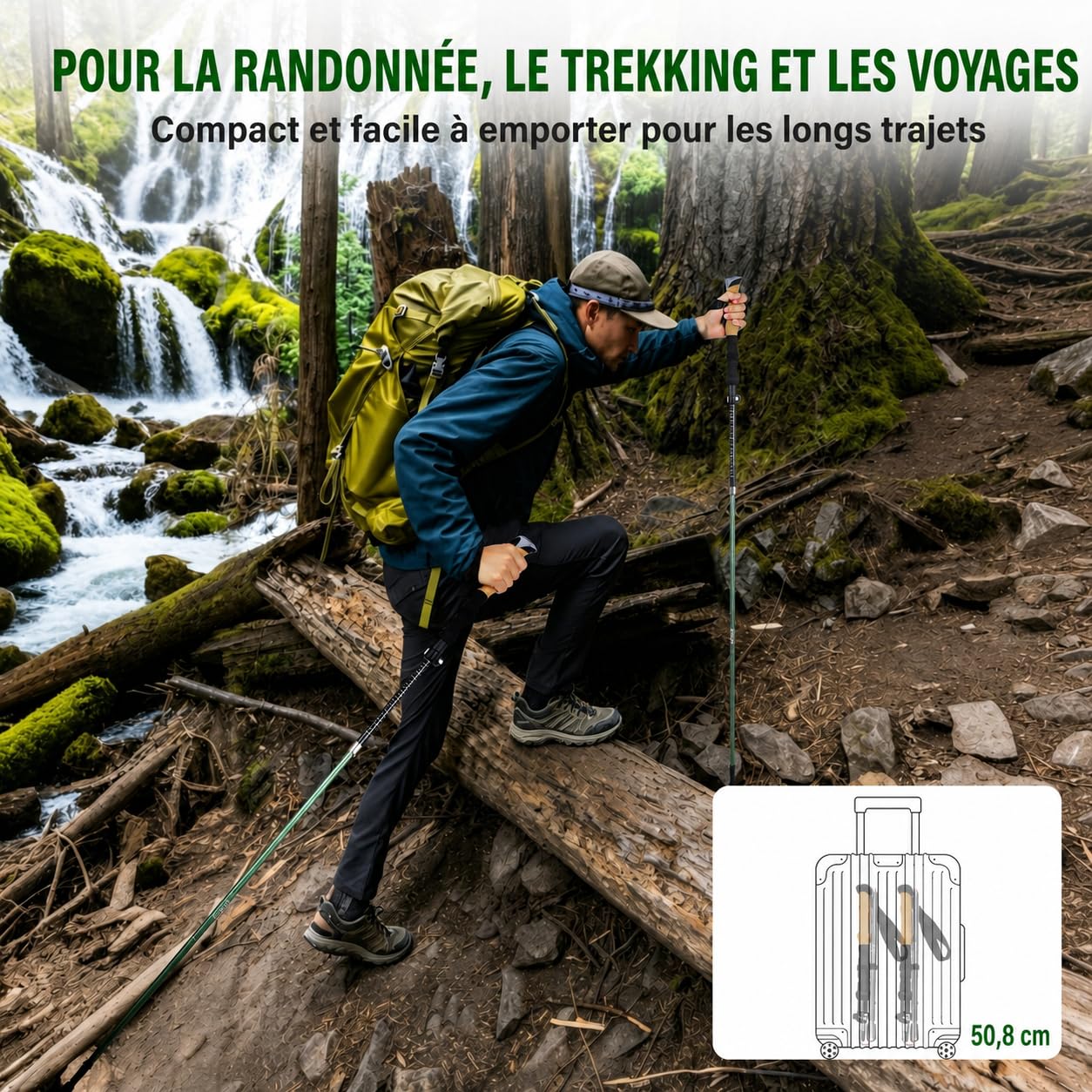 Bâtons de randonnée Pliables Lot de 2, 35 cm, Carbone-alu | 35 cm pliés; réglables 110–135 cm; carbone 3K + alu 7050; liège + EVA; housse & embouts pour randonnée/trek