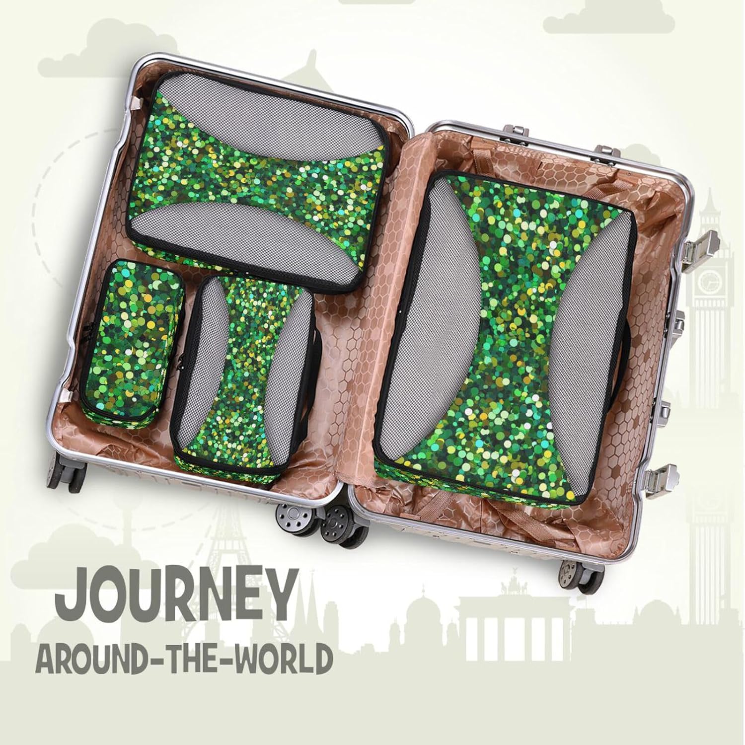 Green Fake Glitter 4 Pcs set organizer for luggage Mesh Travel Essentials portable packing cube set