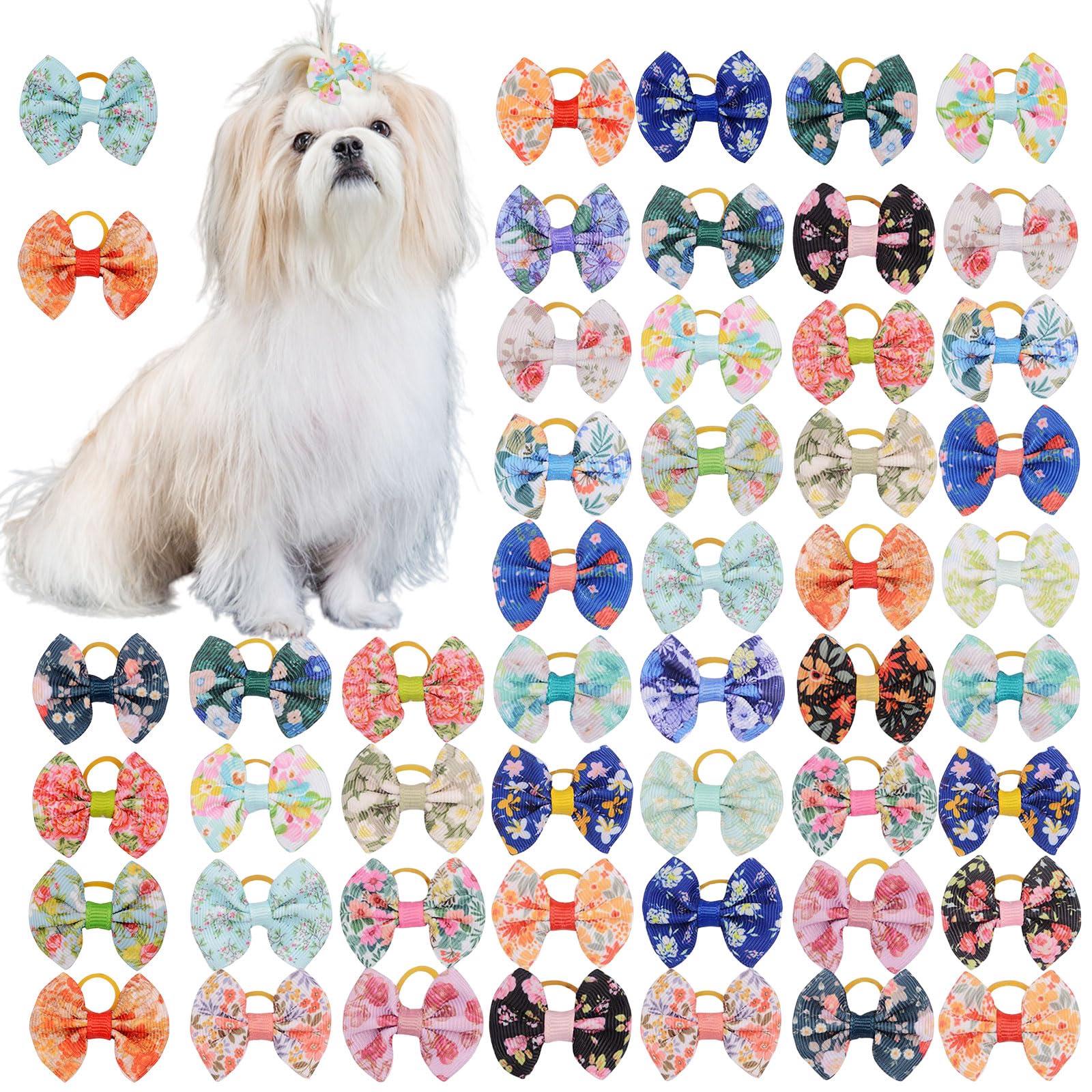 Dog Hair Bows, 45Pcs Mixed Colors Dog Hair Bows with Elastic Rubber Bands