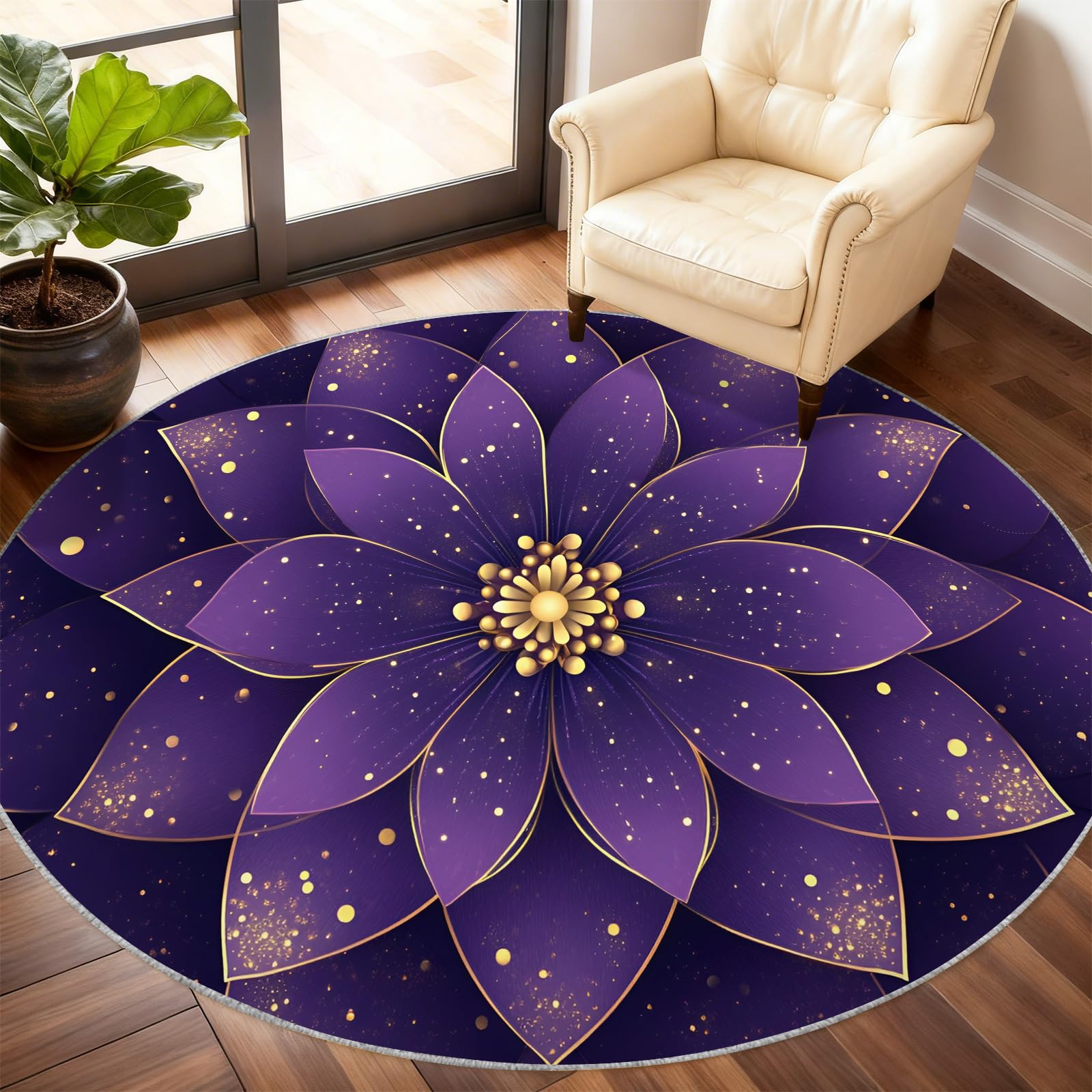 Tapis rond à fleurs violettes pour salon, bordure dorée pour chambre à coucher, tapis circulaire de luxe mandala 3D lavable, antidérapant, tapis décoratif