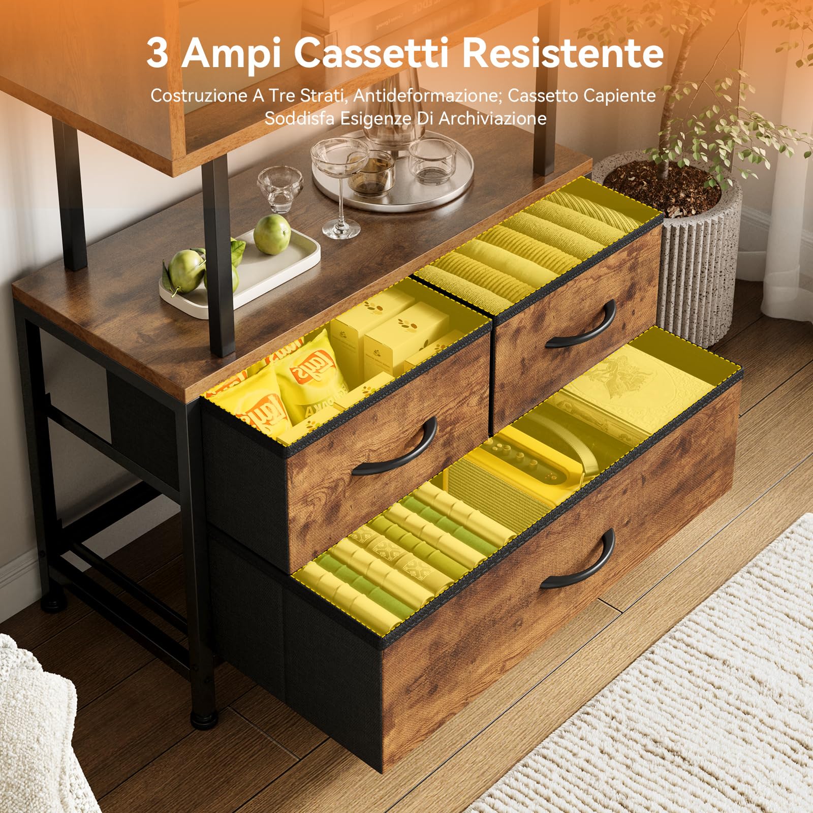 Coleshome Libreria Verticale, Libreria da Parete con 5 Ripiani, con 3 Cassetti in Tessuto, Scaffale Librerie Adatto per Camera da Letto, Ufficio, Soggiorno, 60 x 24 x 155 cm, Colore Retrò