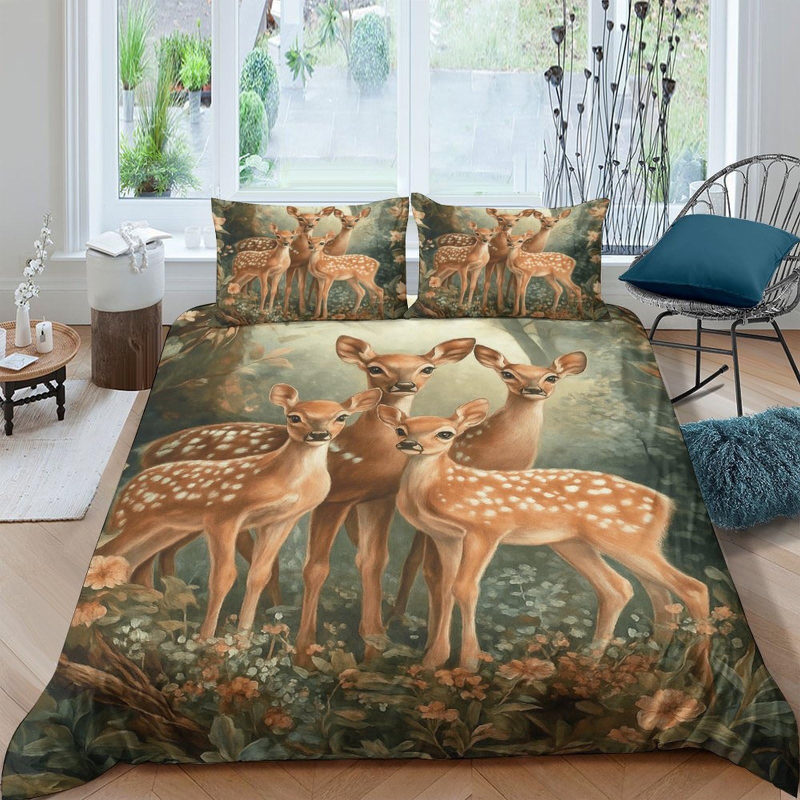 GPLZQXKJNH 3D Printed Forest Deer Duvet Cover Set Microfiber Breathable Woodland Fawn Bedding Set with 2 Pillowcases for Bedroom Decor Single（135x200cm）