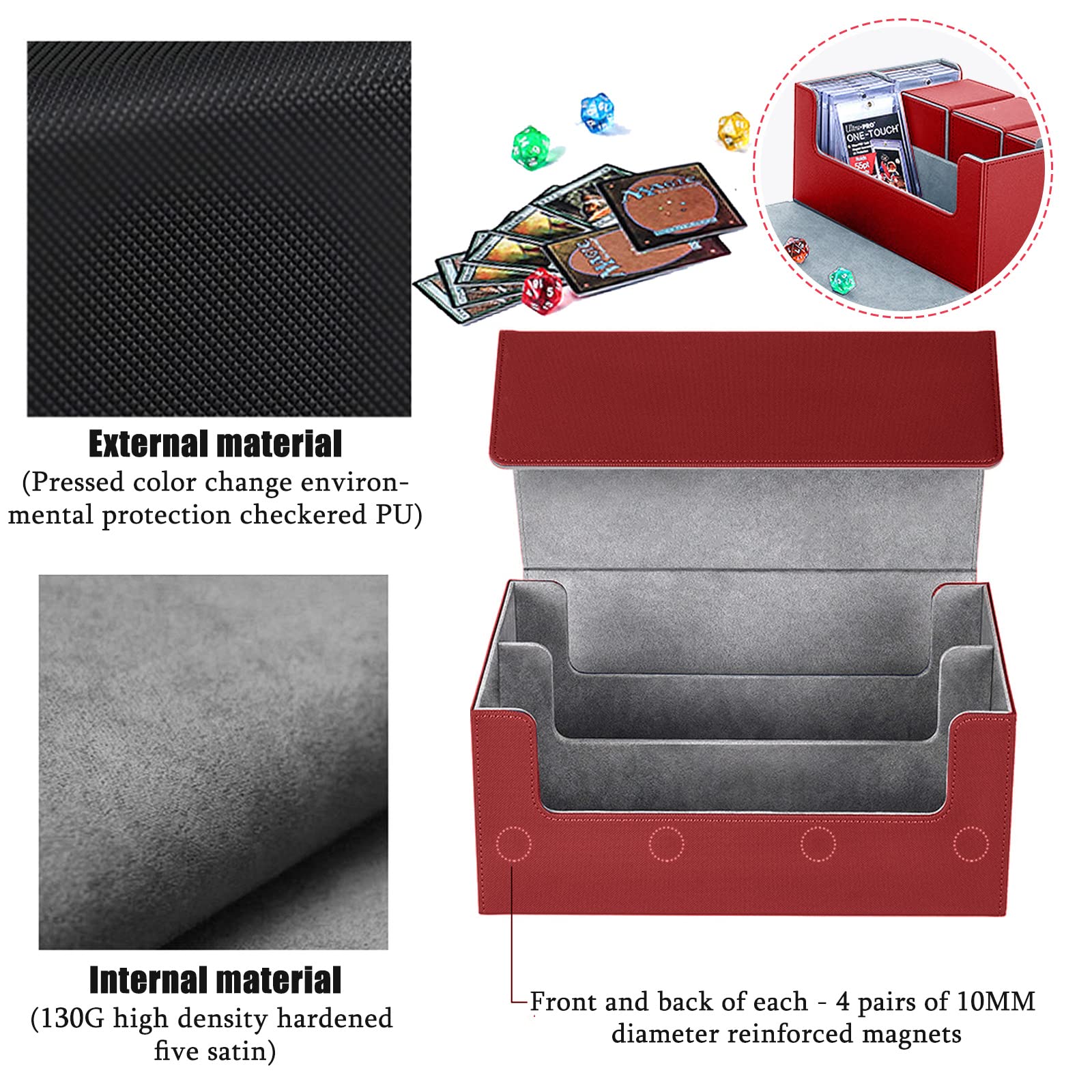 Premium 2-Row Trading Card Storage Box, chiusura magnetica Trading Card Deck Storage Box, 600 + Card Deck Case per Trading Cards, Sport Cards (rosso grigio)