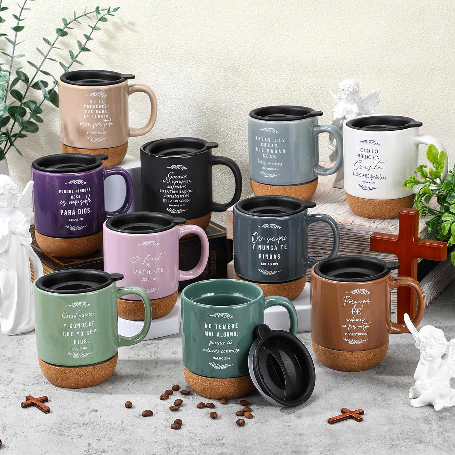 Jingmore 10 Pcs Mothers Day Christian Gift Bulk Religious Christian Mugs with Bible Verse Coffee Cup 15oz for Teacher Nurse Women Men Church Member Employee Mom Dad Clergy Pastor(Leaves, Spanish)