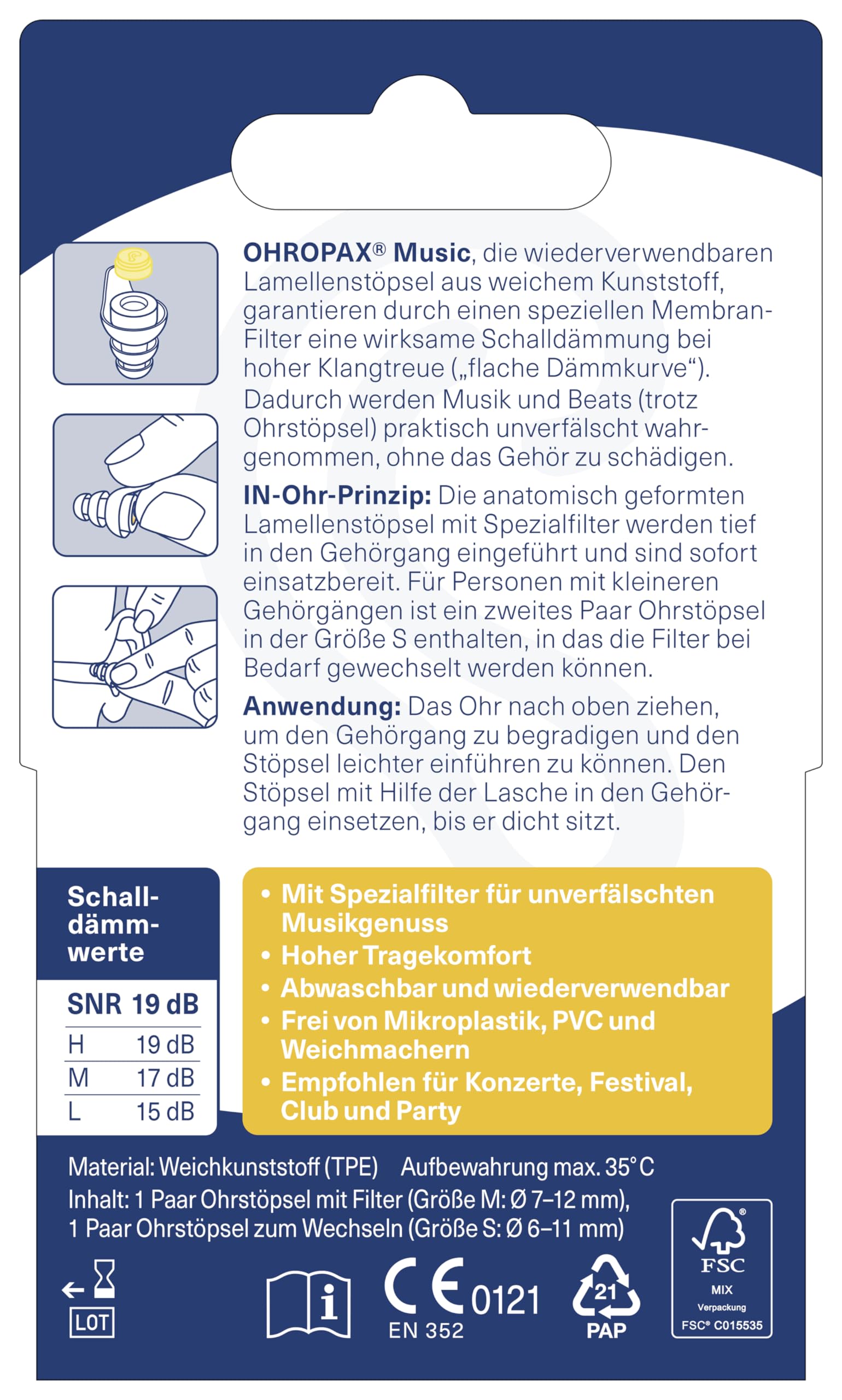 OHROPAX Music zatyczki do uszu – ze specjalnym filtrem – niezafałszowany dźwięk przy równomiernej izolacji – wartość izolacji akustycznej SNR 19 dB – idealne na koncerty – 1 para z wbudowanym filtrem