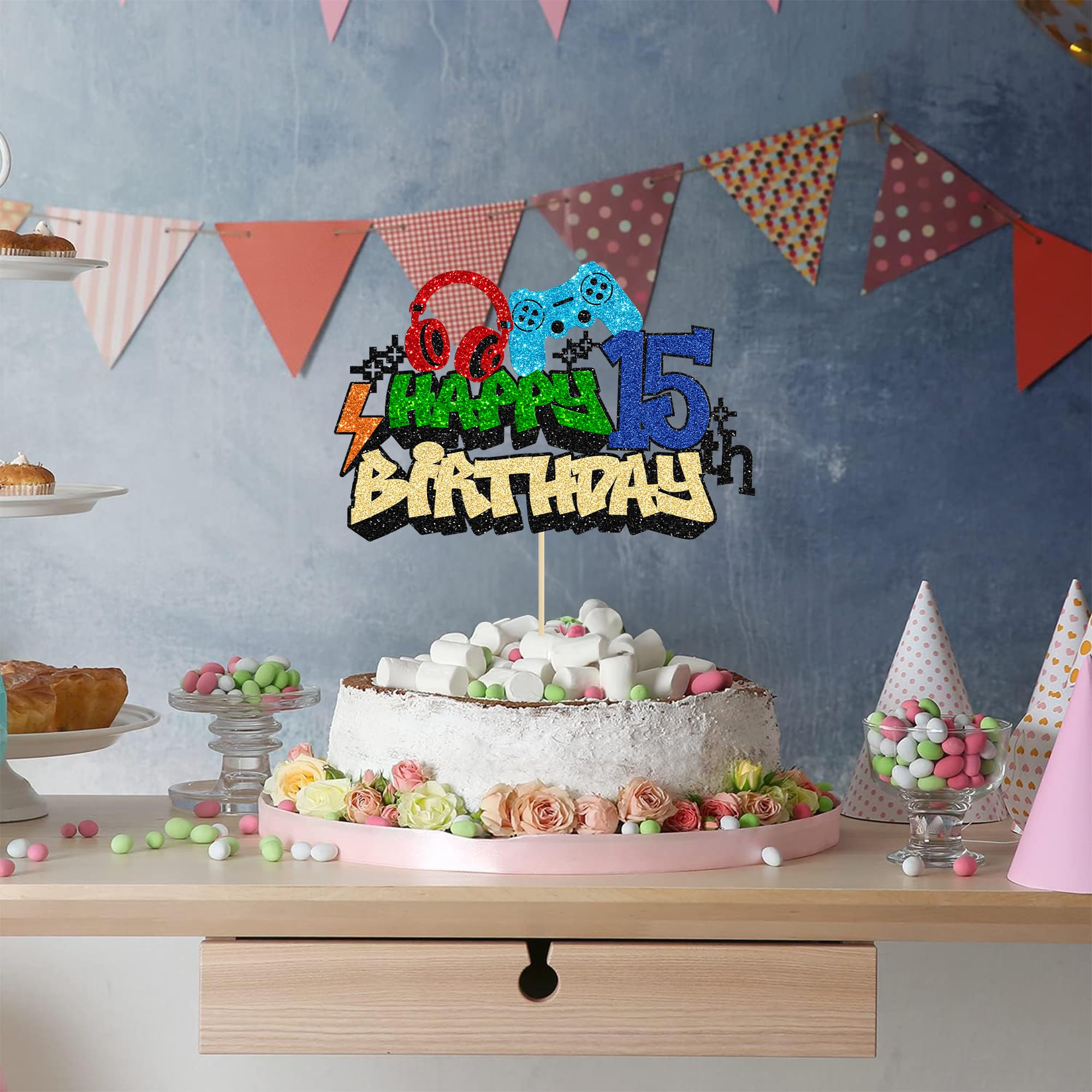 Gyufise 1Pcs Happy 15th Birthday Cake Topper Glitter Video Game Cake Pick Game On Controllers Fifteen Cheers to 15 Years Cake Decoration for Game Theme Happy 15th Birthday Party Supplies 3