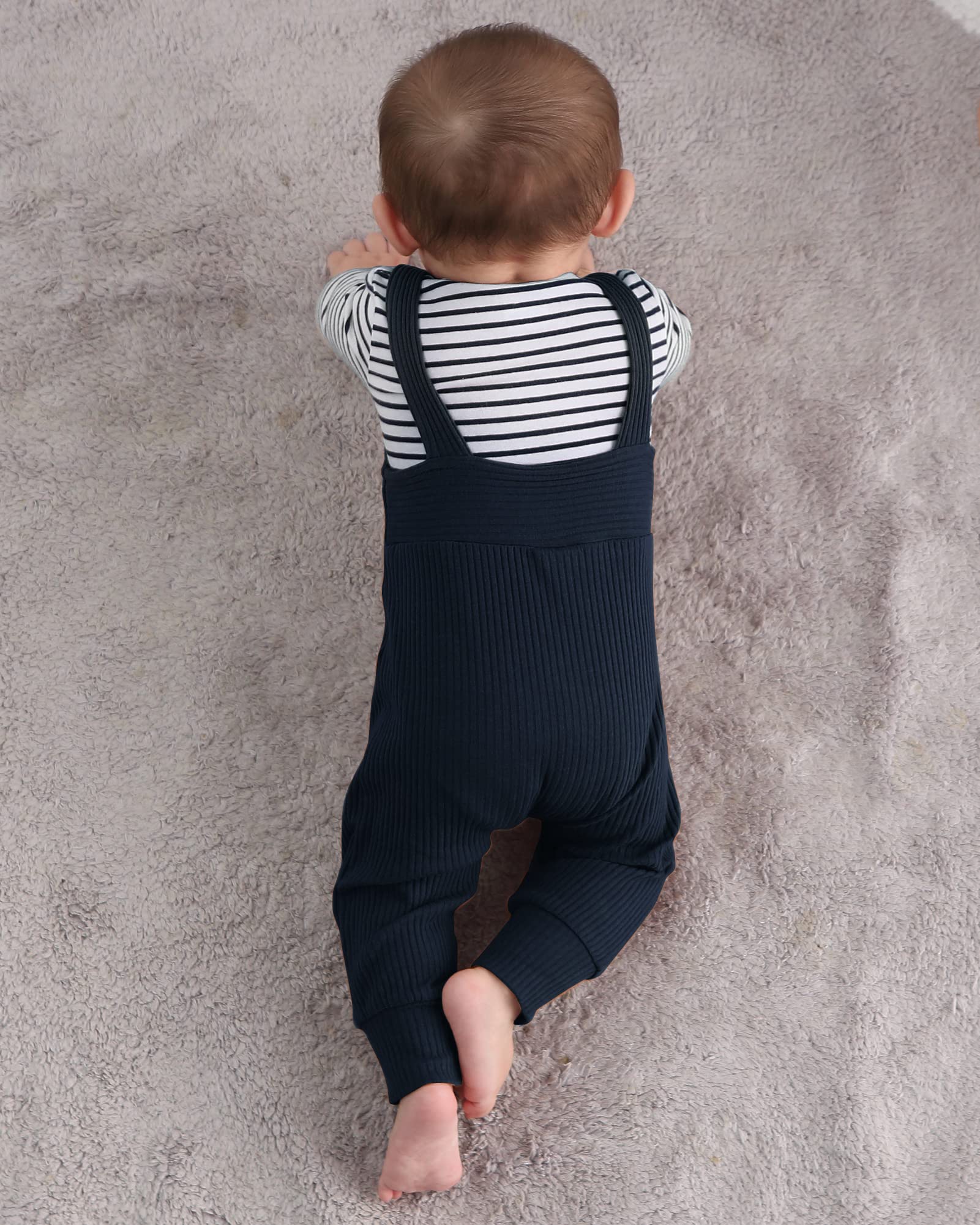 Ropa de bebé recién nacido, 2 piezas de mameluco para niños pequeños primavera/verano a rayas + pantalones de babero (0-3 meses)